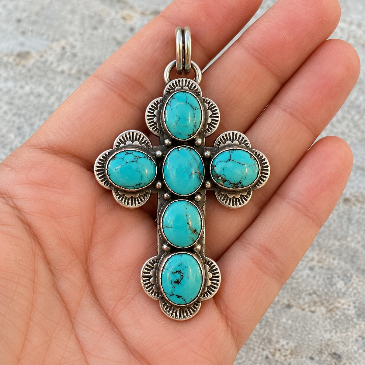 Signed SPENCER Native American Sterling Silver 925 Turquoise Cluster Cross Pendant
