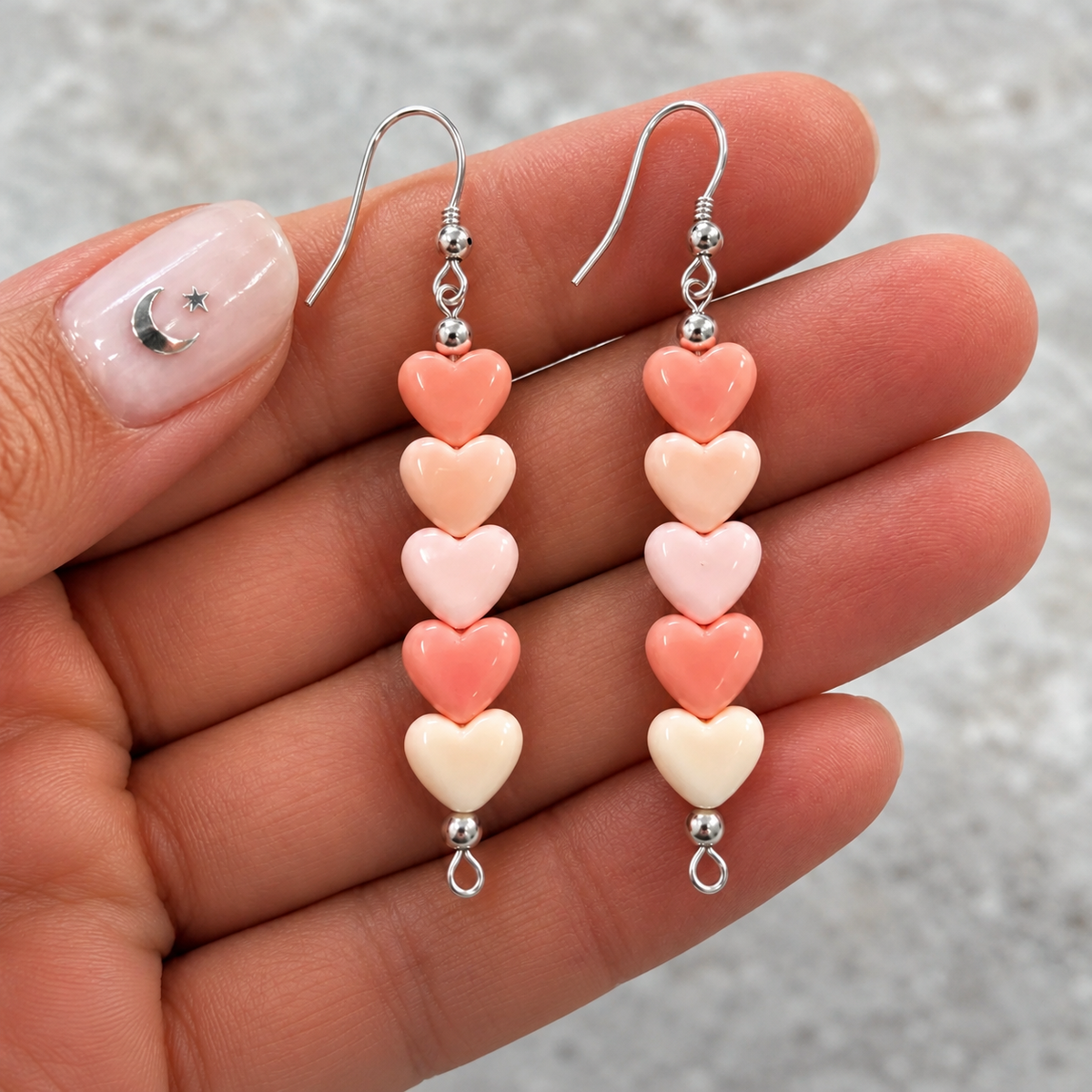 Kimberly Tom Navajo Pink Conch 5-Heart Sterling Silver Dangle Earrings