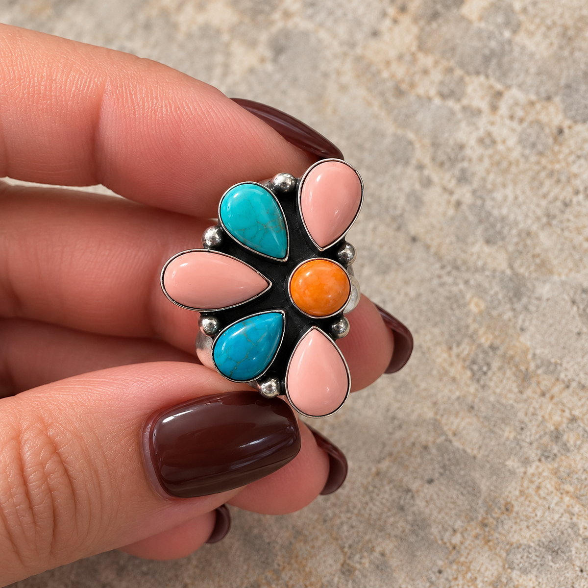 Spiny Oyster, Pink Conch & Kingman Turquoise Sterling Silver Half Cluster Statement Ring