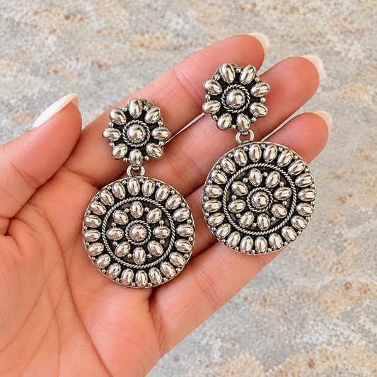 Sterling Silver Concho-Style Floral Dangle Earrings – Lightweight