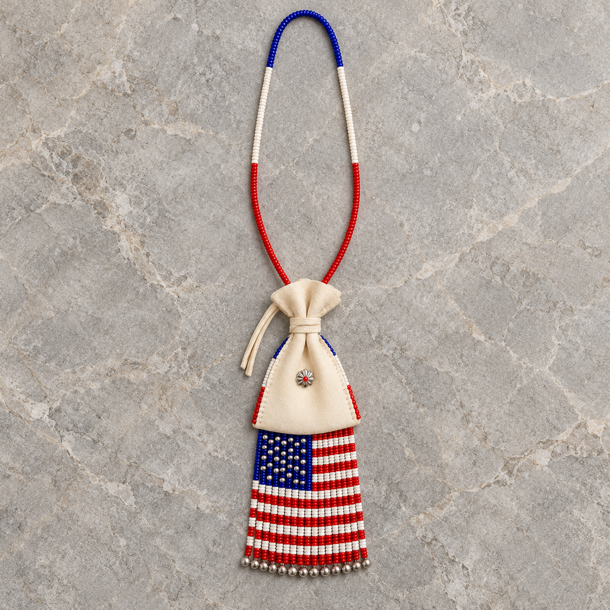 Navajo American Flag Beaded Leather Medicine Bag Necklace 18-20"