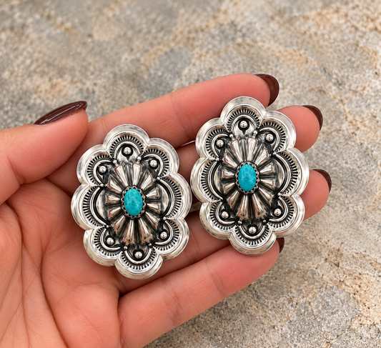 Lavina Benally Navajo Sterling Silver & Turquoise Concho Earrings