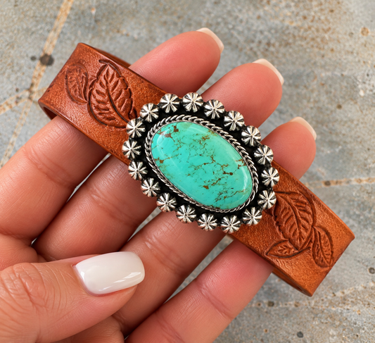 Native American Sterling Silver Turquoise Tooled Leather Cuff Bracelet