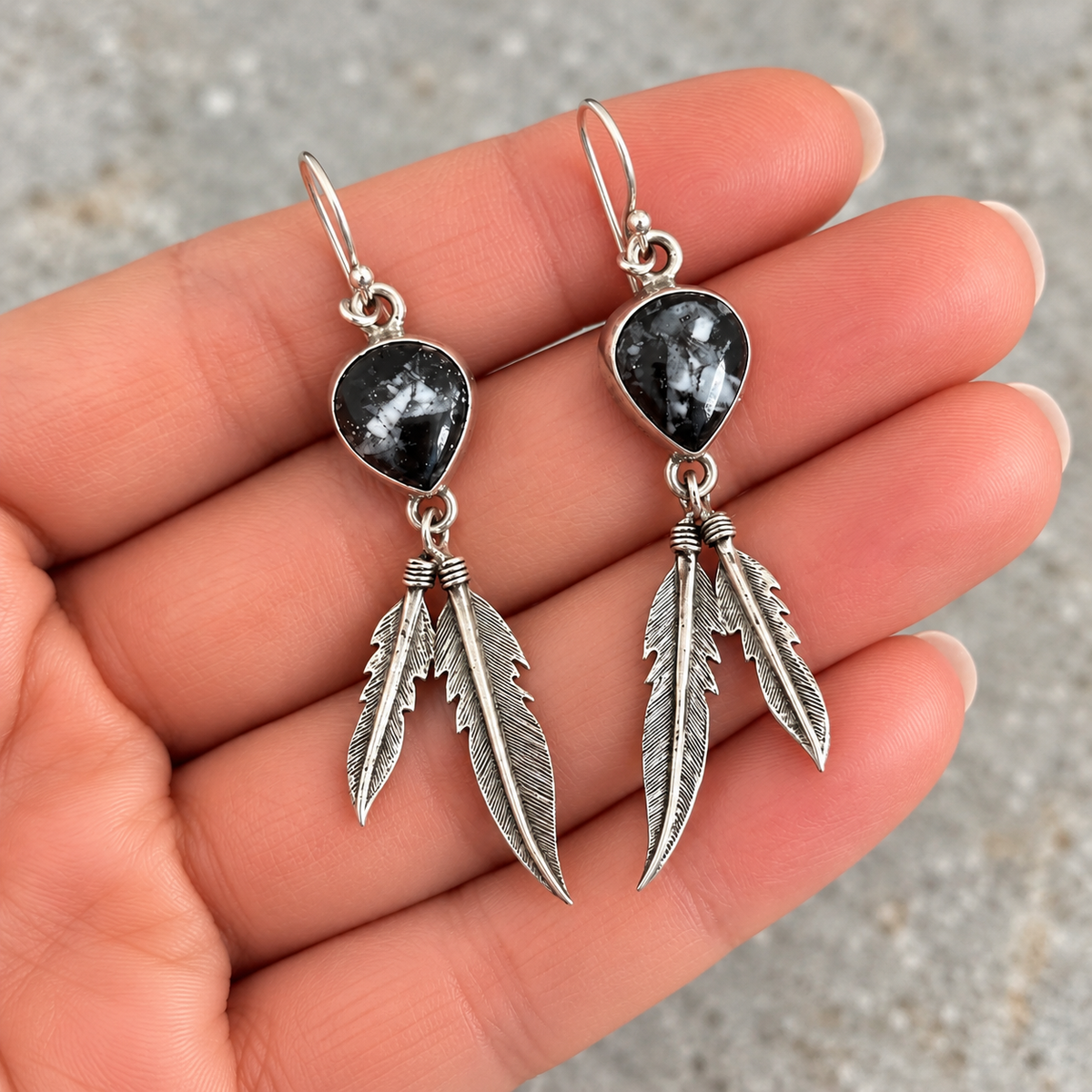 Sterling Silver Black & White Stone Feather Dangle Earrings