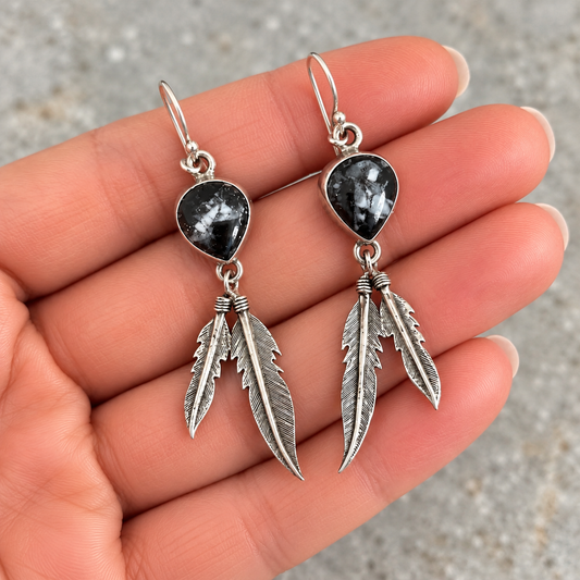 Sterling Silver Black & White Stone Feather Dangle Earrings