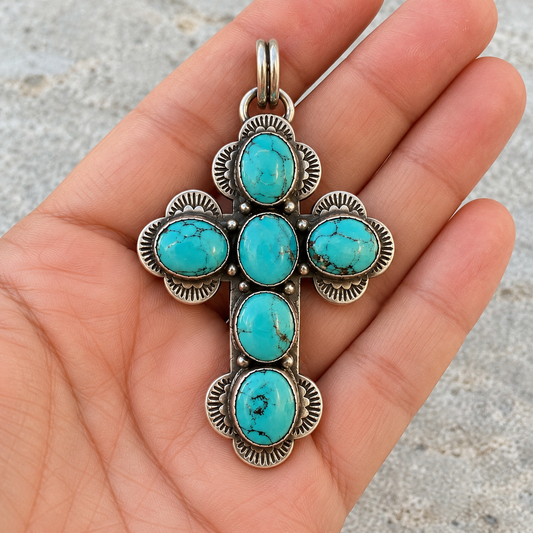 Signed SPENCER Native American Sterling Silver 925 Turquoise Cluster Cross Pendant