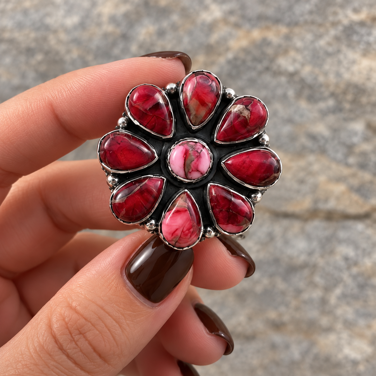 Rose Dahlia & Pink Dahlia Sterling Silver Cluster Ring | Adjustable