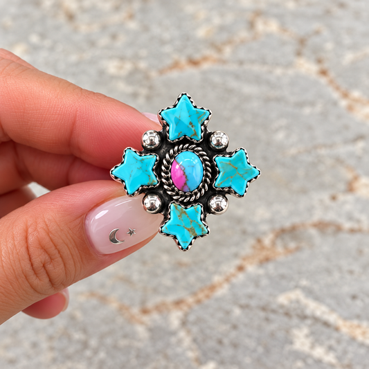 Turquoise Star Cluster Ring with Cotton Candy Center - Adjustable