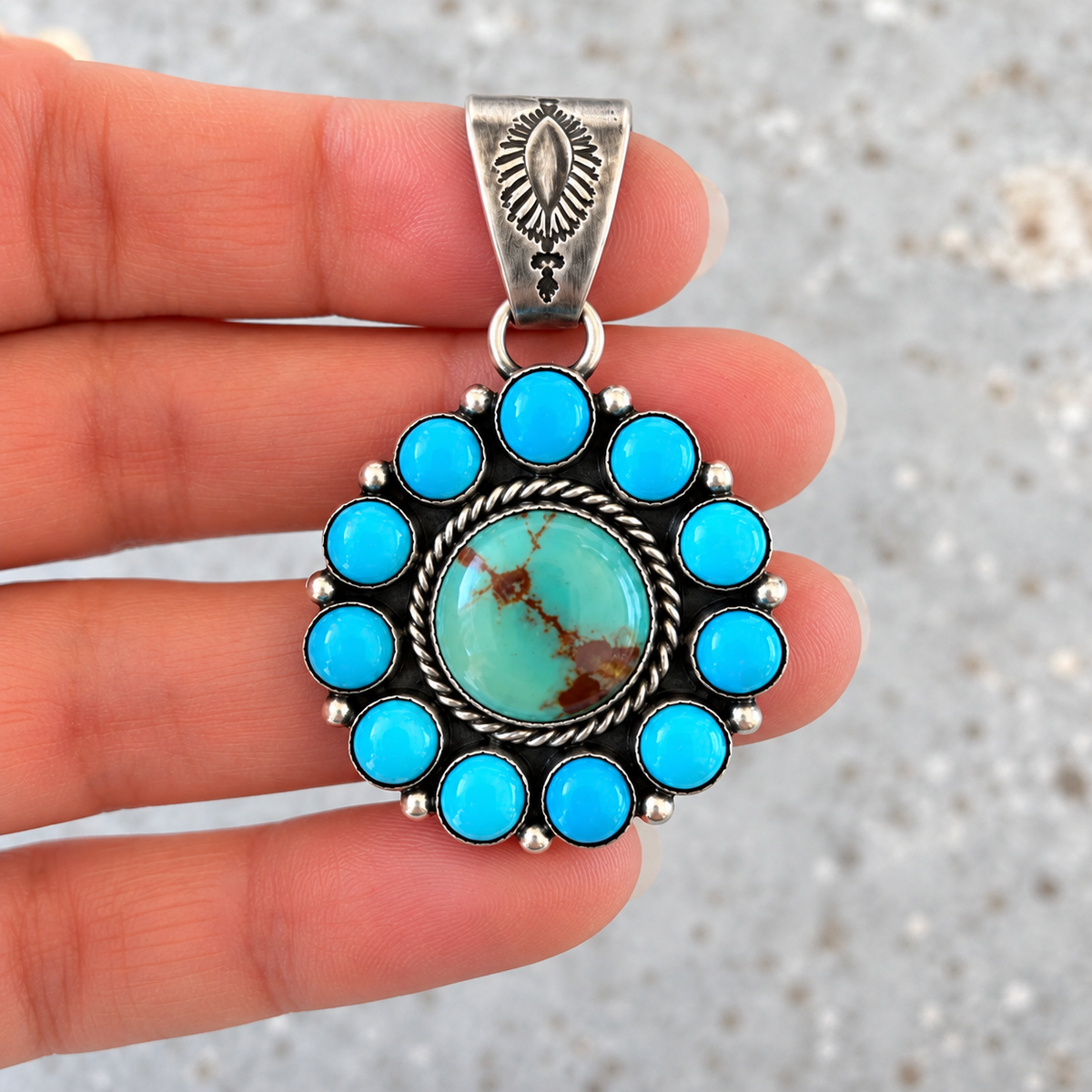 Herbert Tso Native American Sterling Silver Turquoise Cluster Pendant