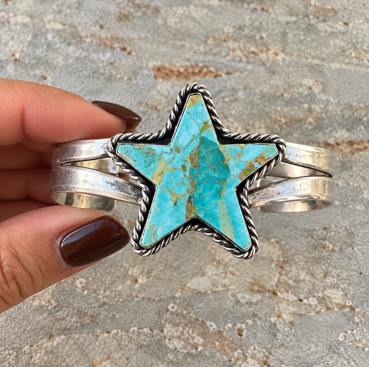 Larson Chee Navajo Kingman Turquoise Star Cuff – Sterling Silver