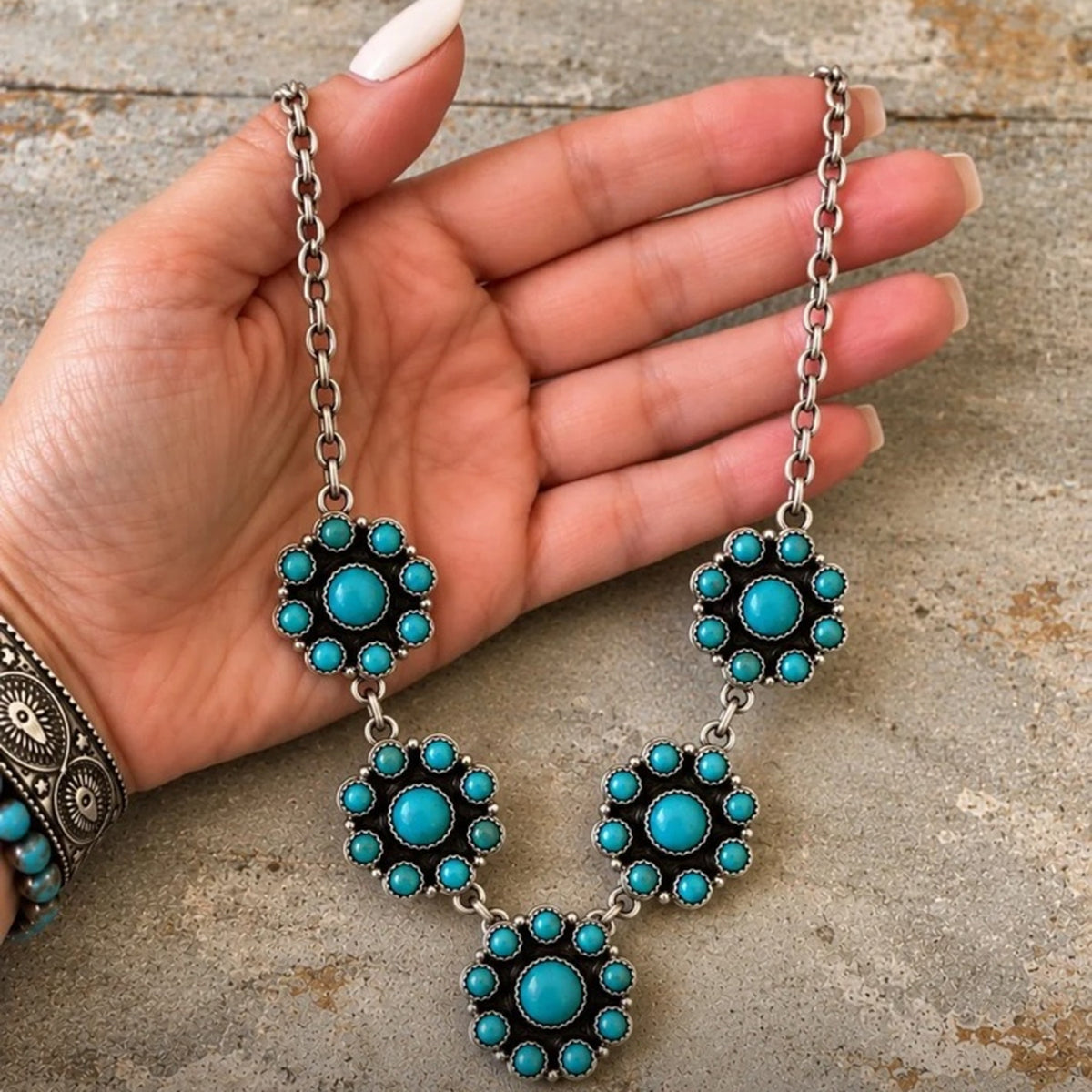 Turquoise Sterling Silver Five-Flower Cluster Statement Necklace – 18"